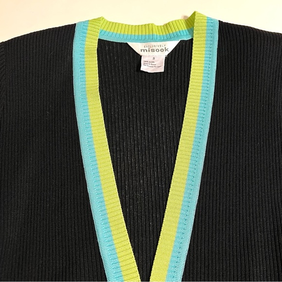 Exclusively Misook Black Green/Blue Trim Long Sleeve Cardigan Sz S - Picture 2 of 12